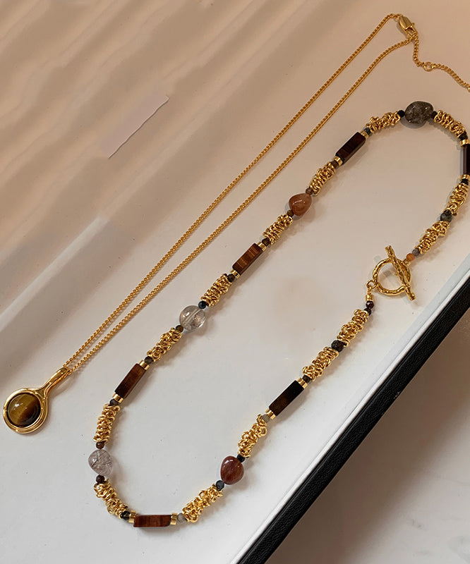 Vintage Set Beads Tiger's-Eye Overgild Two-Piece Copper Gold FashionChic