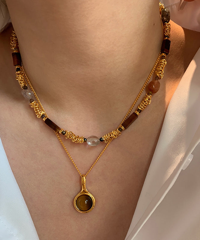 Vintage Set Beads Tiger's-Eye Overgild Two-Piece Copper Gold FashionChic