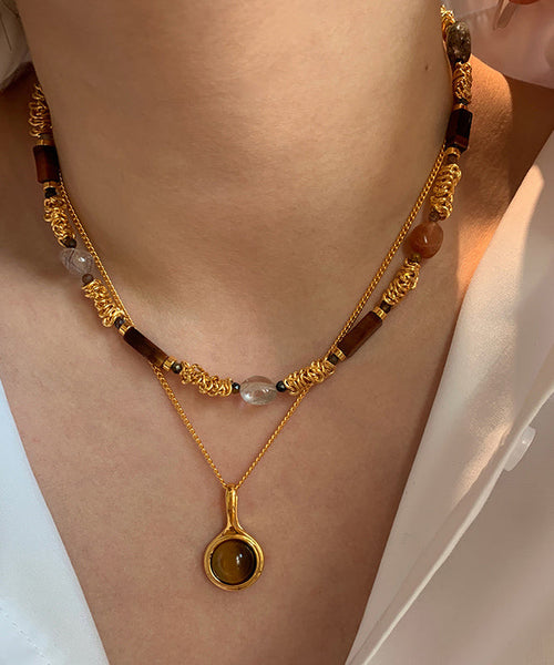 Vintage Set Beads Tiger's-Eye Overgild Two-Piece Copper Gold FashionChic