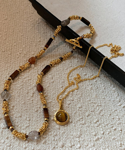 Vintage Set Beads Tiger's-Eye Overgild Two-Piece Copper Gold FashionChic