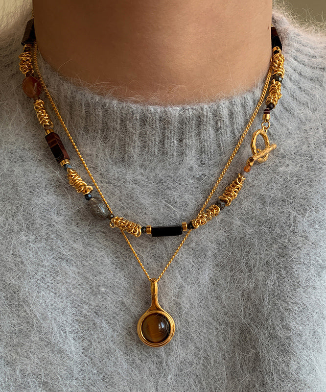 Vintage Set Beads Tiger's-Eye Overgild Two-Piece Copper Gold FashionChic