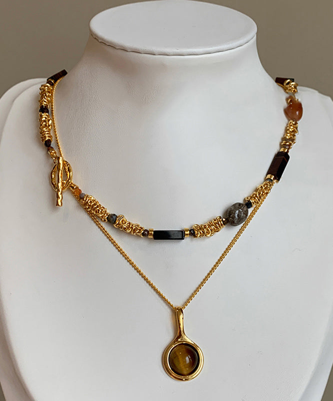 Vintage Set Beads Tiger's-Eye Overgild Two-Piece Copper Gold FashionChic