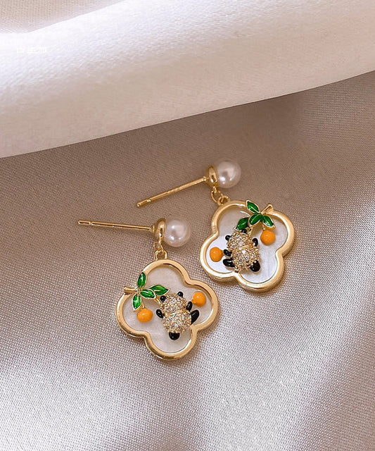 Vintage Gold Sterling Silver Alloy Panda Pearl Stud Earrings WH038 JEW-EAR241116