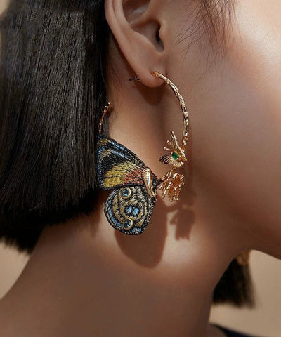 Vintage Gold Sterling Silver Overgild Crystal Embroidery Butterfly Hoop Earrings ZZ064 JEW-EAR240613