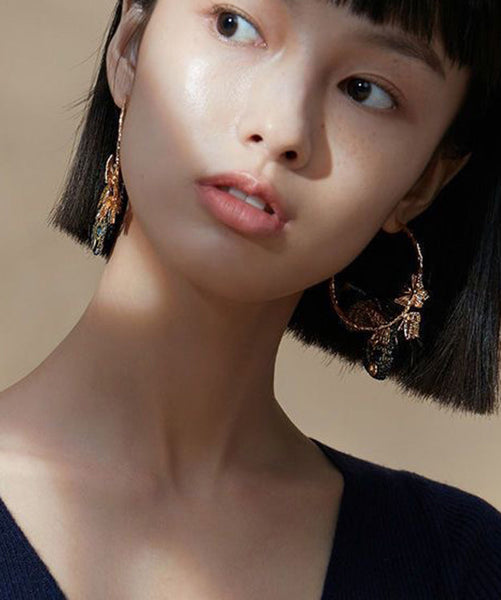 Vintage Gold Sterling Silver Overgild Crystal Embroidery Butterfly Hoop Earrings ZZ064 JEW-EAR240613