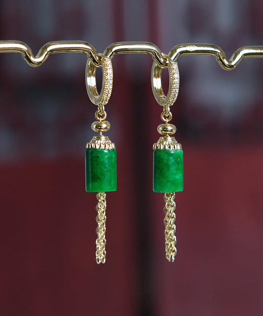 Vintage Gold Sterling Silver Overgild Inlaid Jade Tassel Drop Earrings KX1011 Ada Fashion