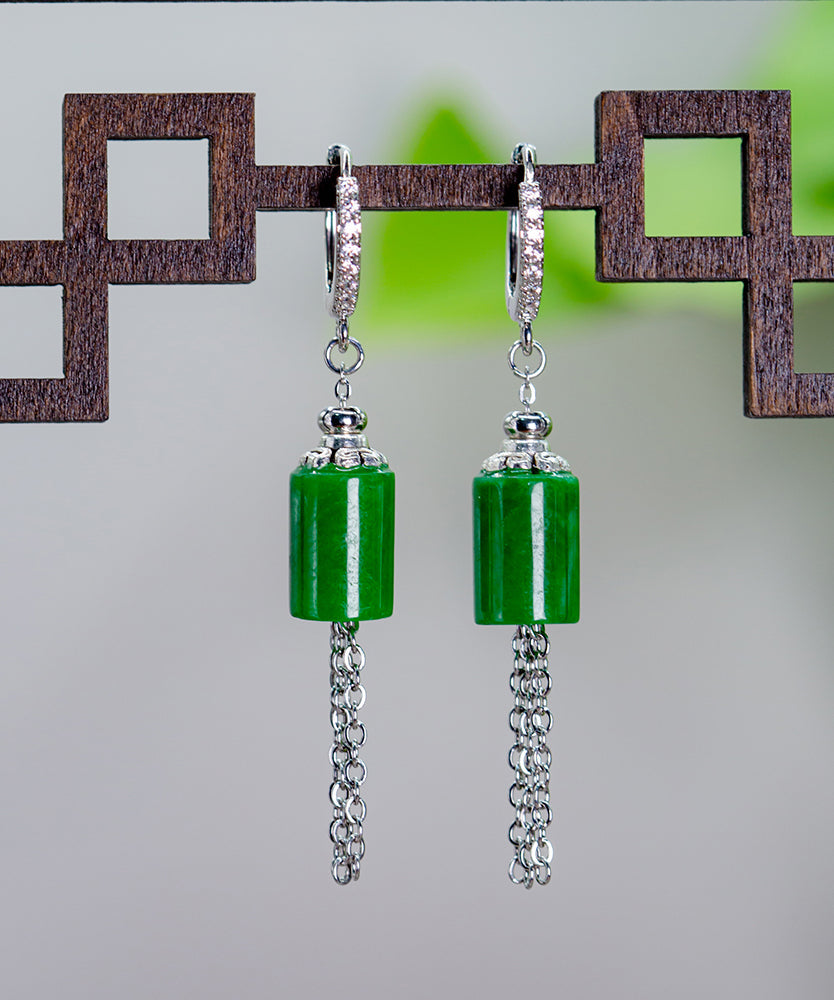 Vintage Gold Sterling Silver Overgild Inlaid Jade Tassel Drop Earrings KX1011 Ada Fashion