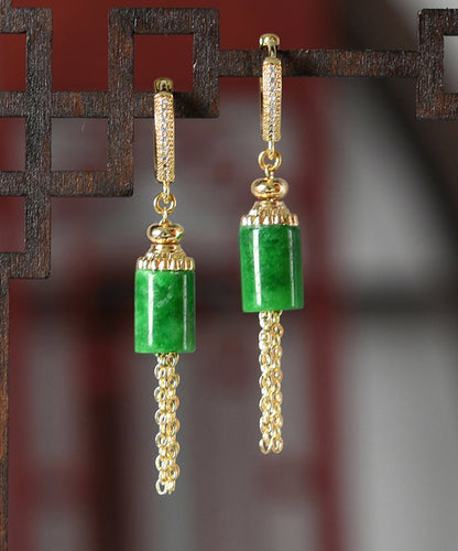 Vintage Gold Sterling Silver Overgild Inlaid Jade Tassel Drop Earrings KX1011 Ada Fashion