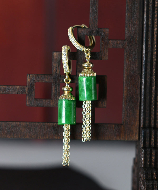 Vintage Gold Sterling Silver Overgild Inlaid Jade Tassel Drop Earrings KX1011 Ada Fashion