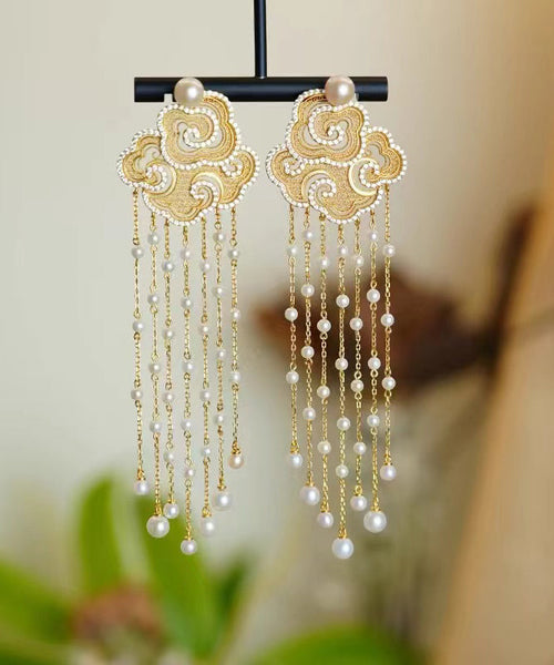 Vintage Gold Sterling Silver Overgild Pearl Auspicious Clouds Tassel Drop Earrings RA033 ABC