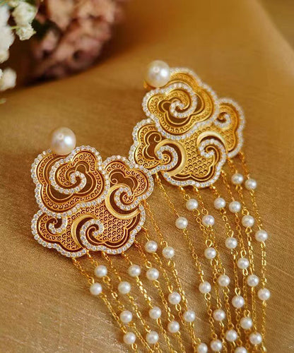 Vintage Gold Sterling Silver Overgild Pearl Auspicious Clouds Tassel Drop Earrings RA033 ABC