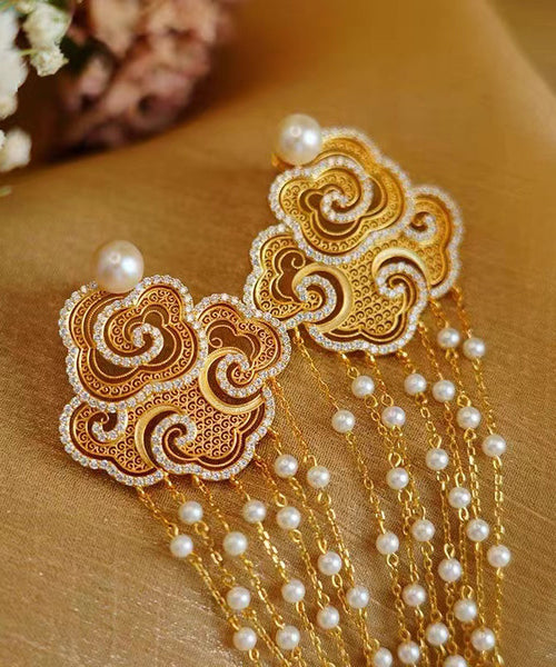 Vintage Gold Sterling Silver Overgild Pearl Auspicious Clouds Tassel Drop Earrings RA033 ABC