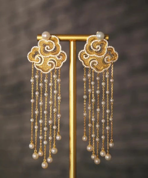 Vintage Gold Sterling Silver Overgild Pearl Auspicious Clouds Tassel Drop Earrings RA033 ABC