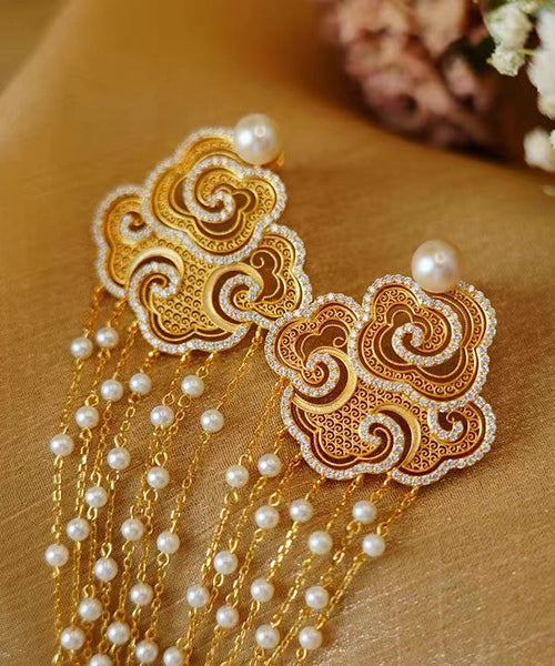 Vintage Gold Sterling Silver Overgild Pearl Auspicious Clouds Tassel Drop Earrings RA033 ABC