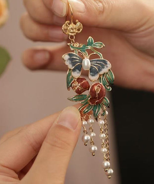 Vintage Gold Sterling Silver Overgild Pearl Butterfly Tassel Drop Earrings RA018 ABC