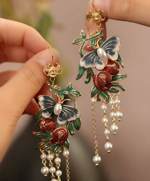 Vintage Gold Sterling Silver Overgild Pearl Butterfly Tassel Drop Earrings RA018 ABC