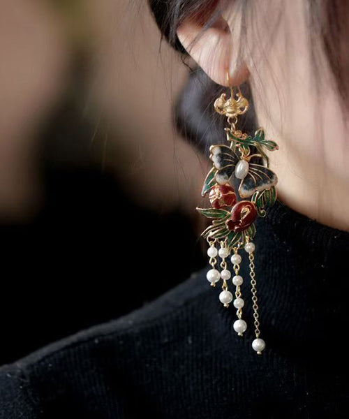 Vintage Gold Sterling Silver Overgild Pearl Butterfly Tassel Drop Earrings RA018 ABC