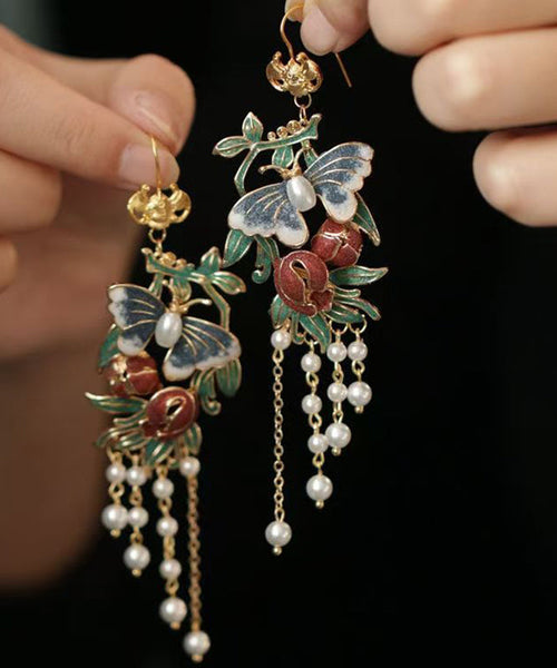 Vintage Gold Sterling Silver Overgild Pearl Butterfly Tassel Drop Earrings RA018 ABC