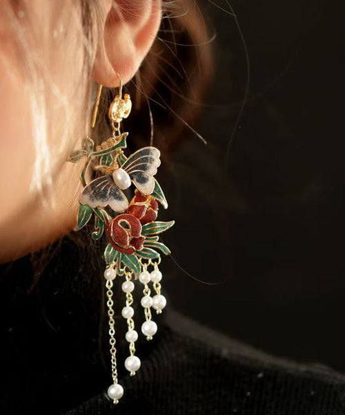 Vintage Gold Sterling Silver Overgild Pearl Butterfly Tassel Drop Earrings RA018 ABC