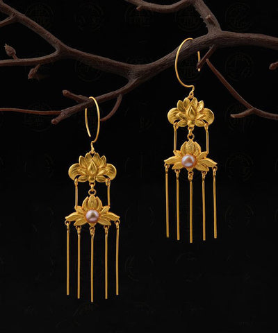 Vintage Gold Sterling Silver Overgild Pearl Floral Tassel Drop Earrings QQ007 JEW-EAR240811