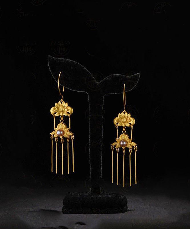 Vintage Gold Sterling Silver Overgild Pearl Floral Tassel Drop Earrings QQ007 JEW-EAR240811