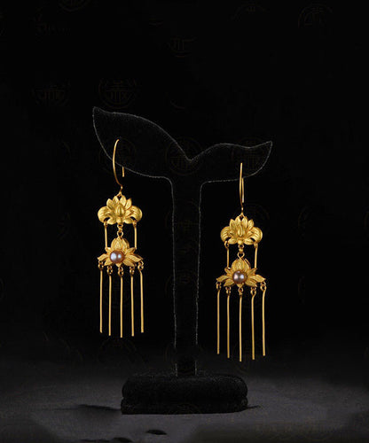 Vintage Gold Sterling Silver Overgild Pearl Floral Tassel Drop Earrings QQ007 JEW-EAR240811
