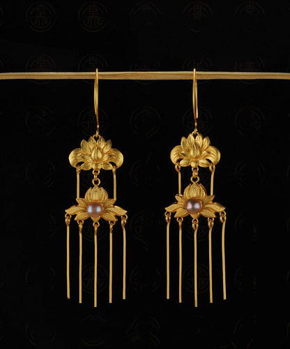 Vintage Gold Sterling Silver Overgild Pearl Floral Tassel Drop Earrings QQ007 JEW-EAR240811