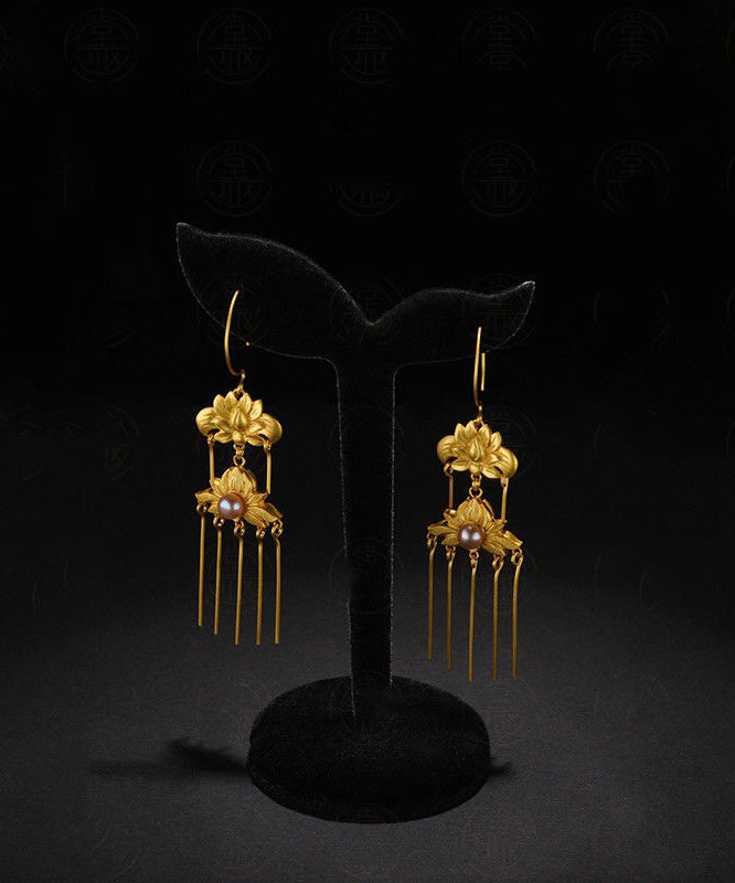 Vintage Gold Sterling Silver Overgild Pearl Floral Tassel Drop Earrings QQ007 JEW-EAR240811
