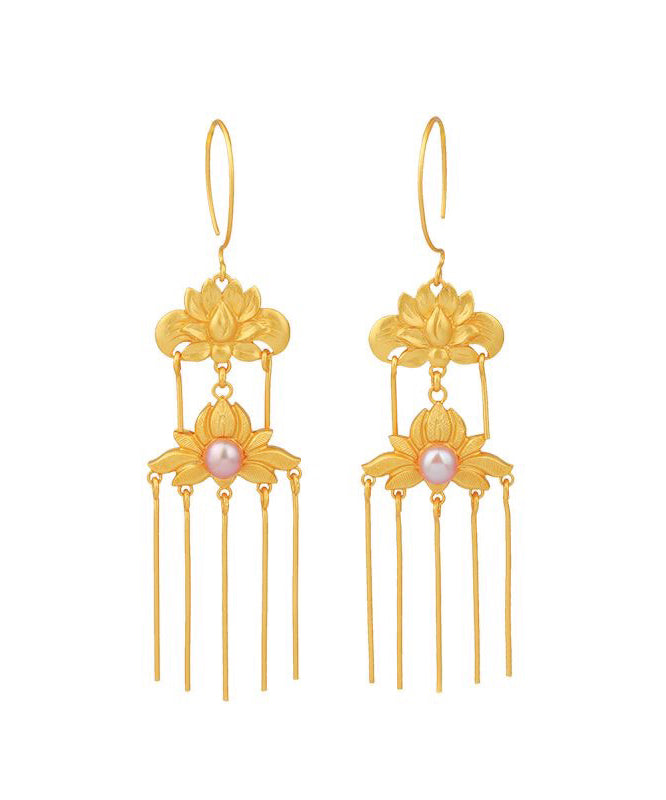 Vintage Gold Sterling Silver Overgild Pearl Floral Tassel Drop Earrings QQ007 JEW-EAR240811