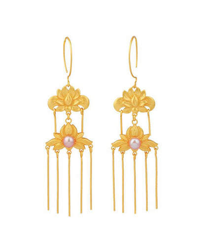 Vintage Gold Sterling Silver Overgild Pearl Floral Tassel Drop Earrings QQ007 JEW-EAR240811