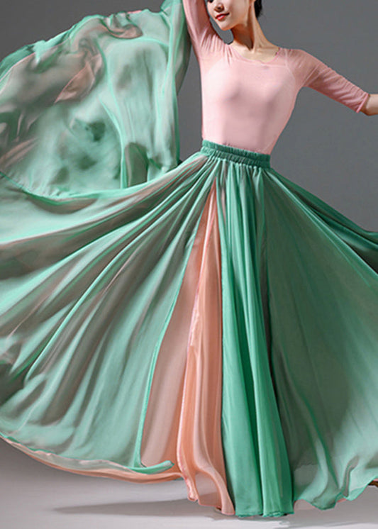 Patchwork Vintage Silk Skirt Grass Summer Green Waist High Maxi FashionChic