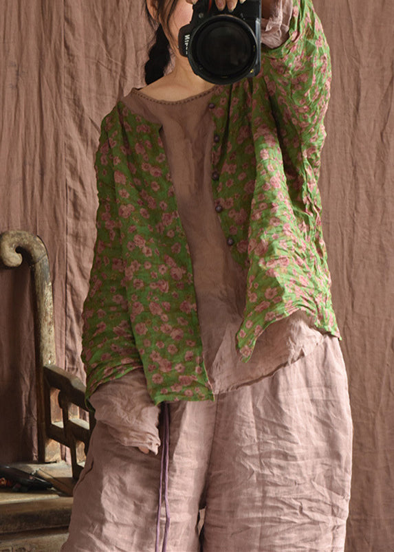 Vintage Green Button Print Linen Blouse Long Sleeve AU1059 MZF-240903