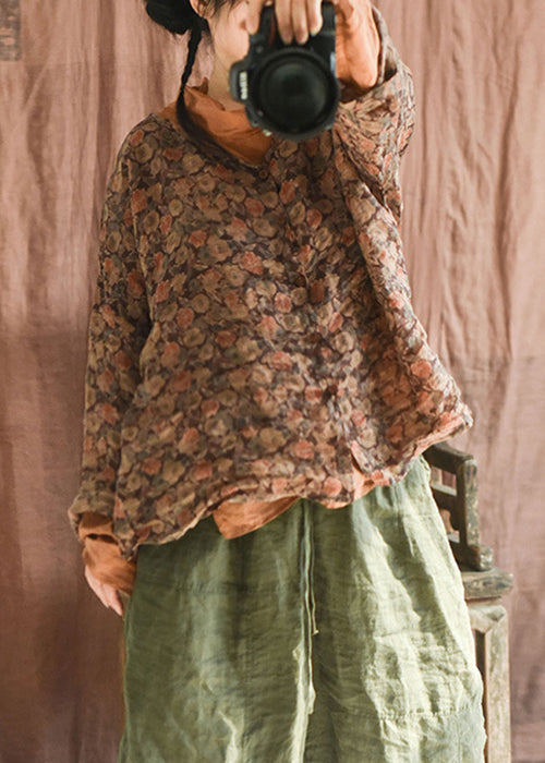 Vintage Green Button Print Linen Blouse Long Sleeve AU1059 MZF-240903