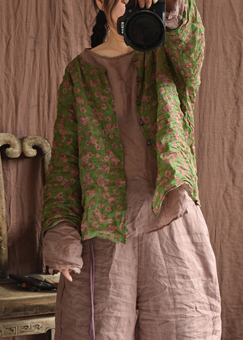 Vintage Green Button Print Linen Blouse Long Sleeve AU1059 MZF-240903