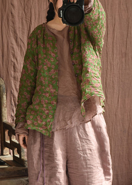 Vintage Green Button Print Linen Blouse Long Sleeve AU1059 MZF-240903