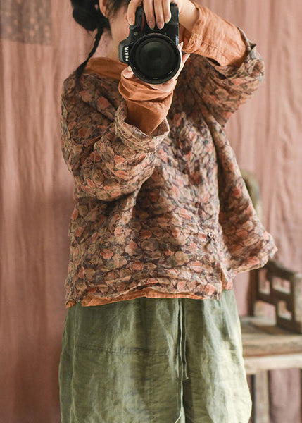 Vintage Green Button Print Linen Blouse Long Sleeve AU1059 MZF-240903