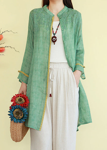 Vintage Linen Thin Button Blouses Patchwork Green FashionChic