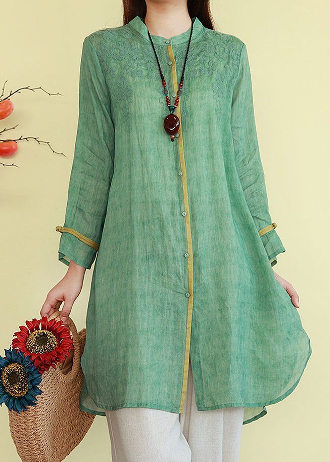 Vintage Linen Thin Button Blouses Patchwork Green FashionChic