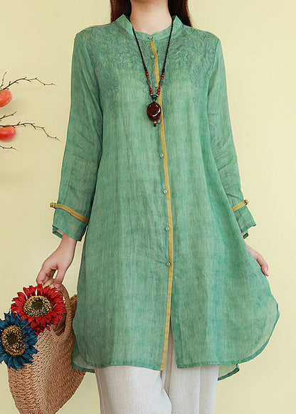 Vintage Linen Thin Button Blouses Patchwork Green FashionChic