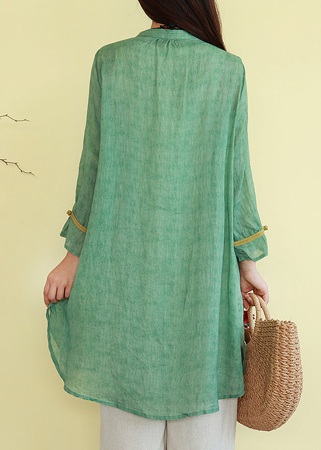 Vintage Linen Thin Button Blouses Patchwork Green FashionChic