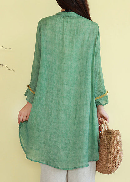 Vintage Linen Thin Button Blouses Patchwork Green FashionChic