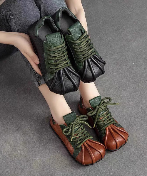 Flat Lace Green Up Cowhide Leather Splicing Vintage Shoes FashionChic