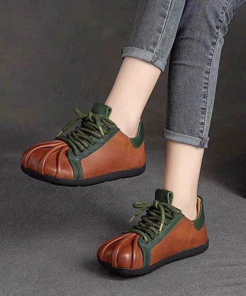 Flat Lace Green Up Cowhide Leather Splicing Vintage Shoes FashionChic