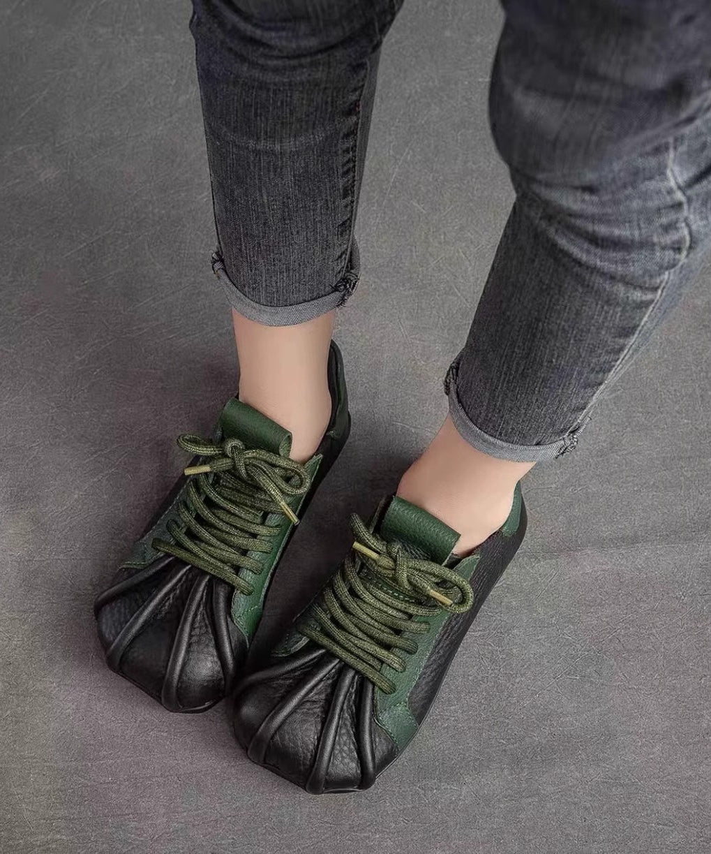 Flat Lace Green Up Cowhide Leather Splicing Vintage Shoes FashionChic