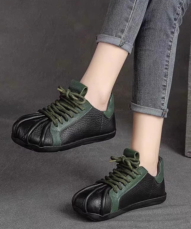 Flat Lace Green Up Cowhide Leather Splicing Vintage Shoes FashionChic