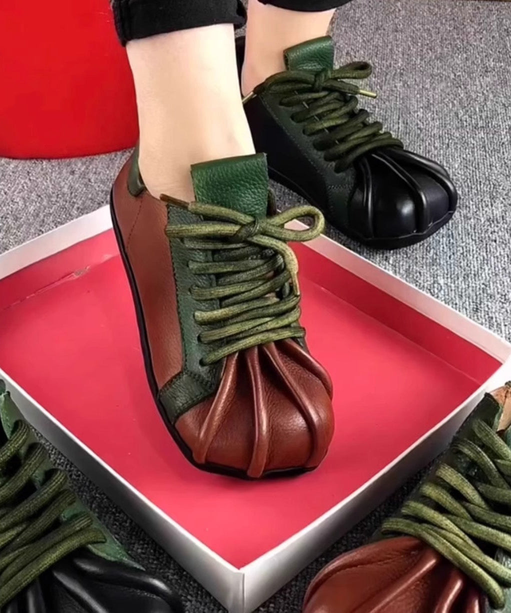 Flat Lace Green Up Cowhide Leather Splicing Vintage Shoes FashionChic
