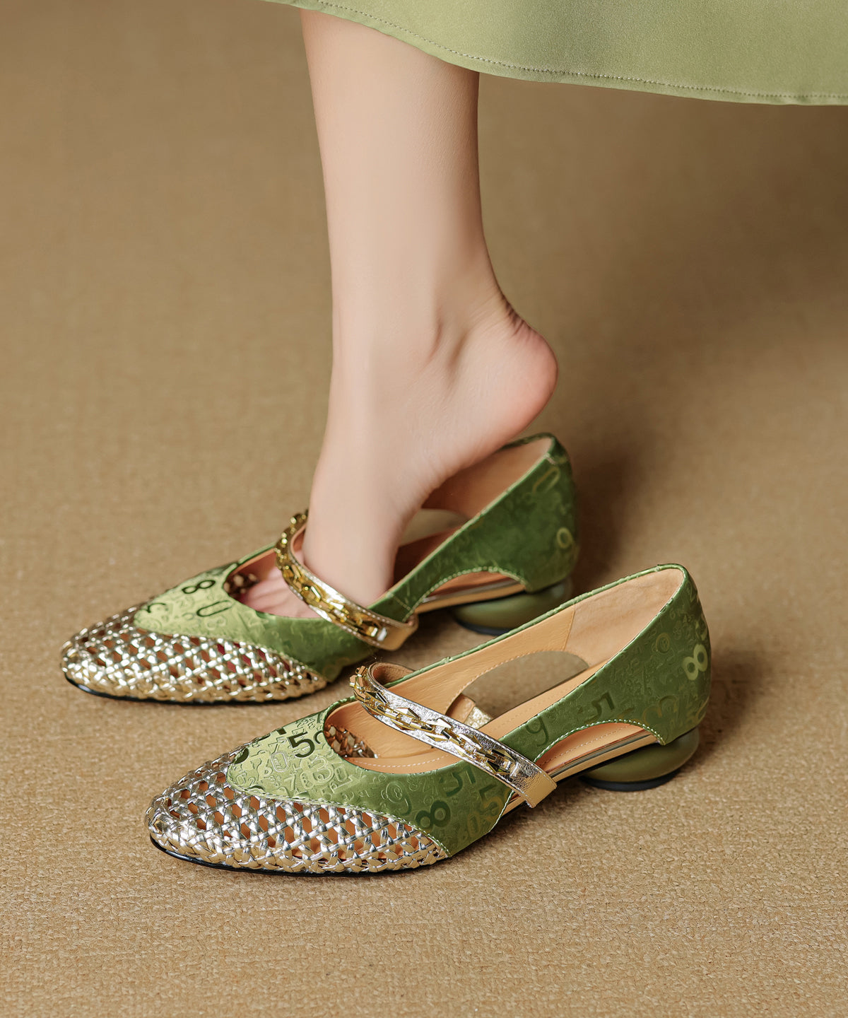 Leather Vintage Splicing Cowhide Out Chunky Shoes Green Hollow FashionChic