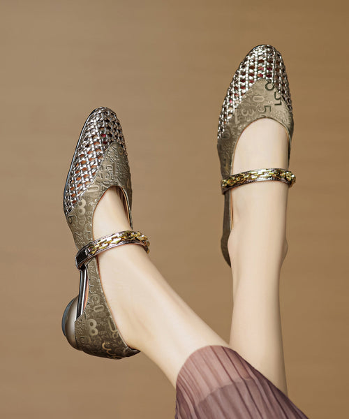 Leather Vintage Splicing Cowhide Out Chunky Shoes Green Hollow FashionChic