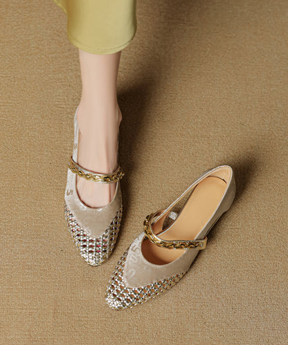 Leather Vintage Splicing Cowhide Out Chunky Shoes Green Hollow FashionChic