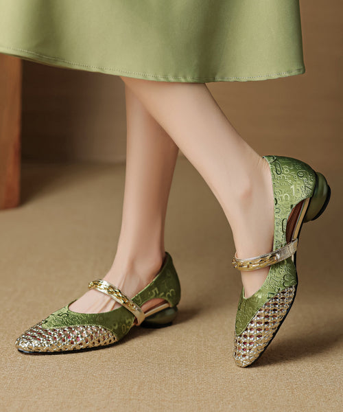 Leather Vintage Splicing Cowhide Out Chunky Shoes Green Hollow FashionChic